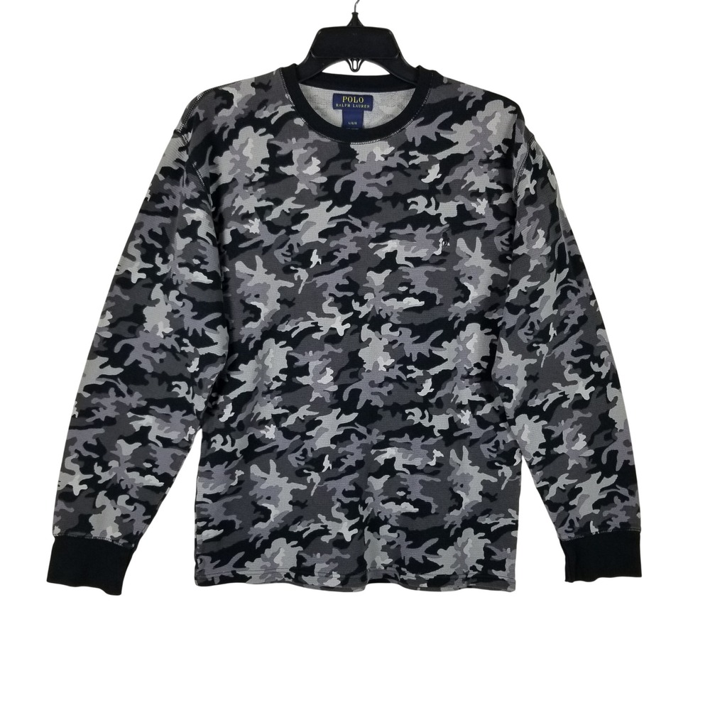 Polo Ralph Lauren Thermal Men Large Gray Camo Waffle Knit Long Sleeve Shirt